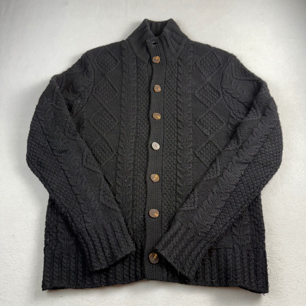 Brooks Brothers‎ Mens Black Italian Yarn Cable Diamond Knit Button Cardigan M